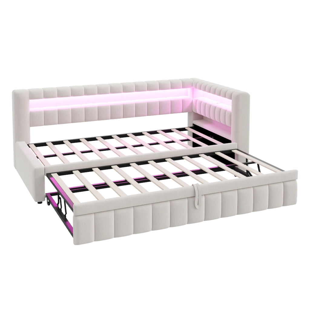 Letto imbottito trasformabile con LED, porte USB e USB-C, 90x200 cm, beige