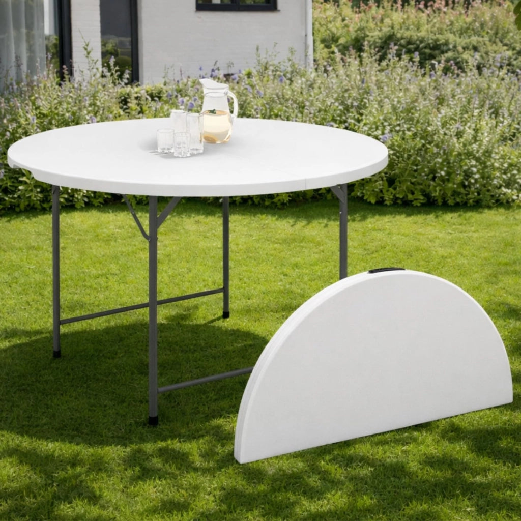 IDMarket - Tavolo rotondo pieghevole portatile da 122 cm per il campeggio o il divertimento con copertura bianca
