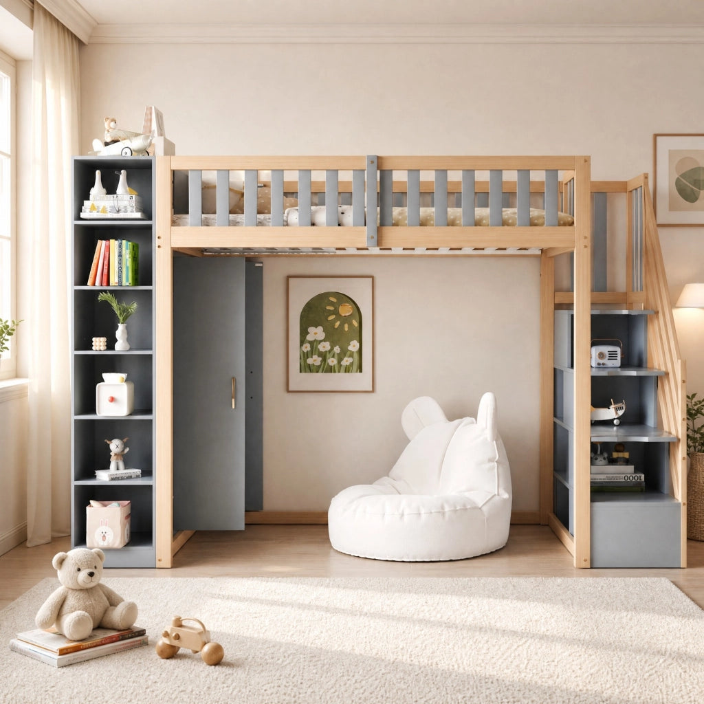 Letto a soppalco 90x200 cm con armadio e scale, grigio