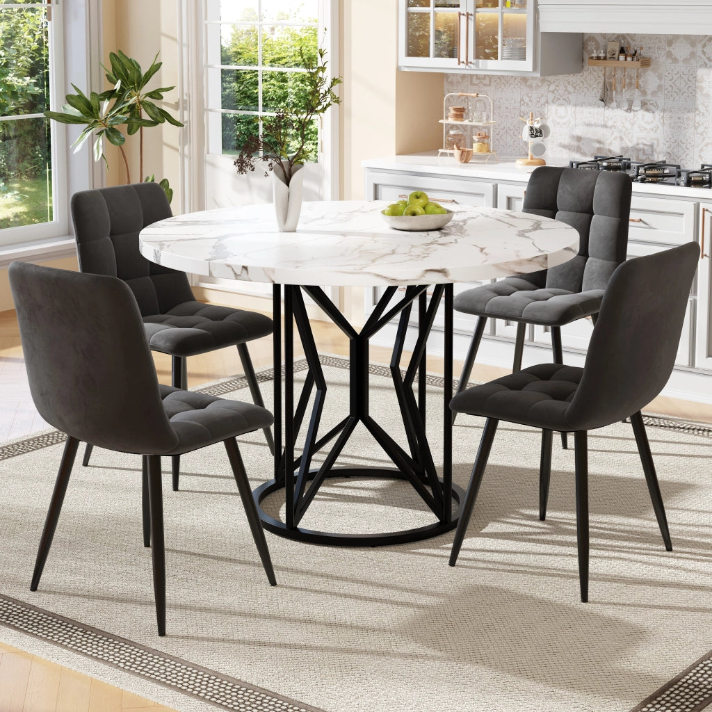 Tavolo da pranzo rotondo con 4 sedie in velluto, piano in MDF effetto marmo, per cucina e sala da pranzo, nero