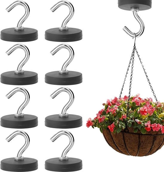 8 pezzi di gru magnetica nera 43 mm forti magneti con ganci - gru magnetica in gomma antiscivente - extra resistente 10 kg - gru magnetica per porte in acciaio - frigoriferi - cucine - armadi - utile e duraturo.