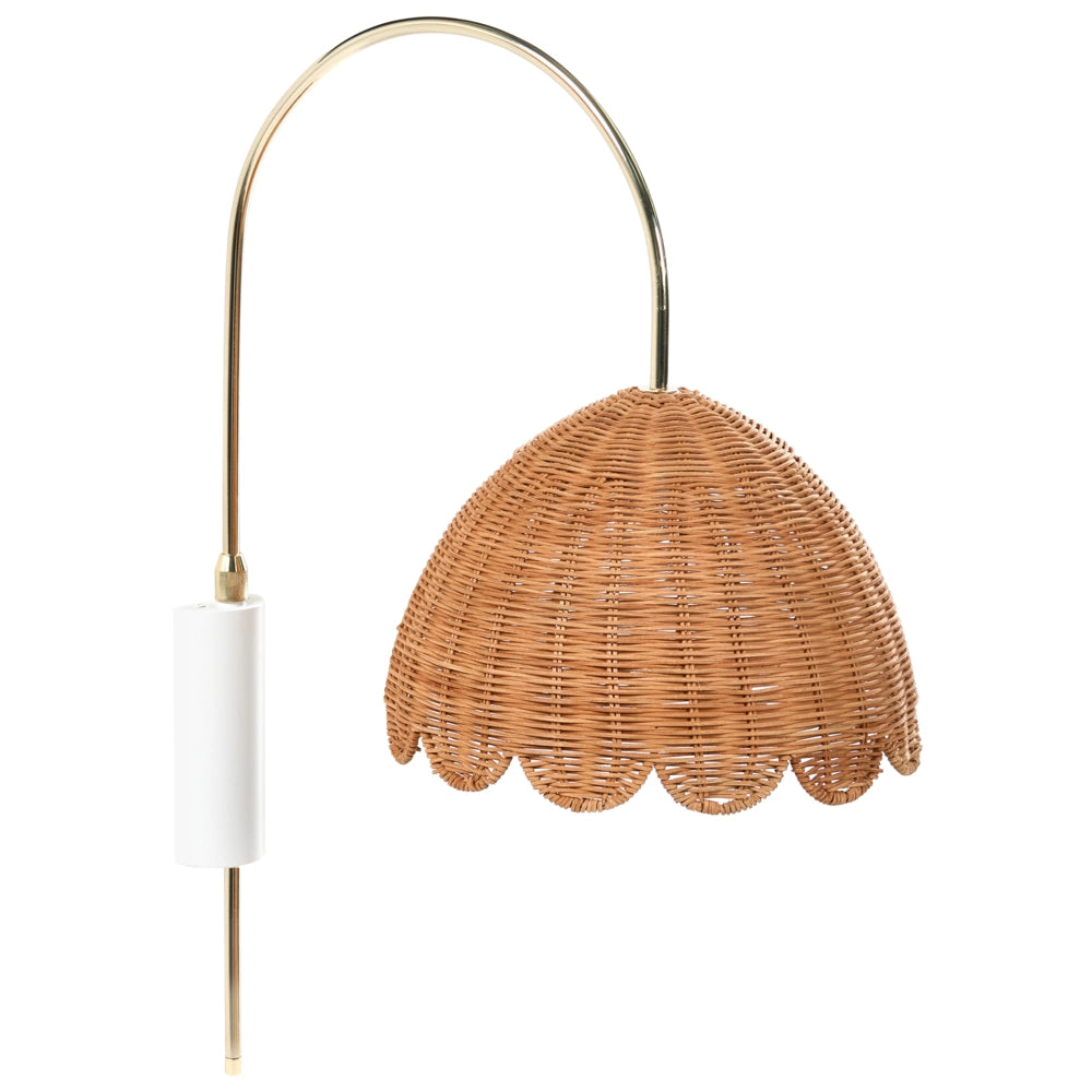 Lampada da parete in rattan naturale con bordo a smerlo, stile vintage e bohémien