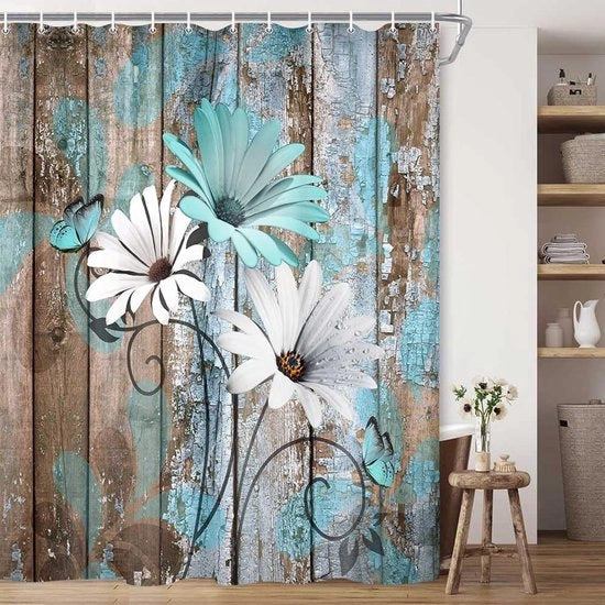 Douchegordijn Rustico Rurale 180x180cm - Fiori di Campo e Margherite - Inclusi Ganci
