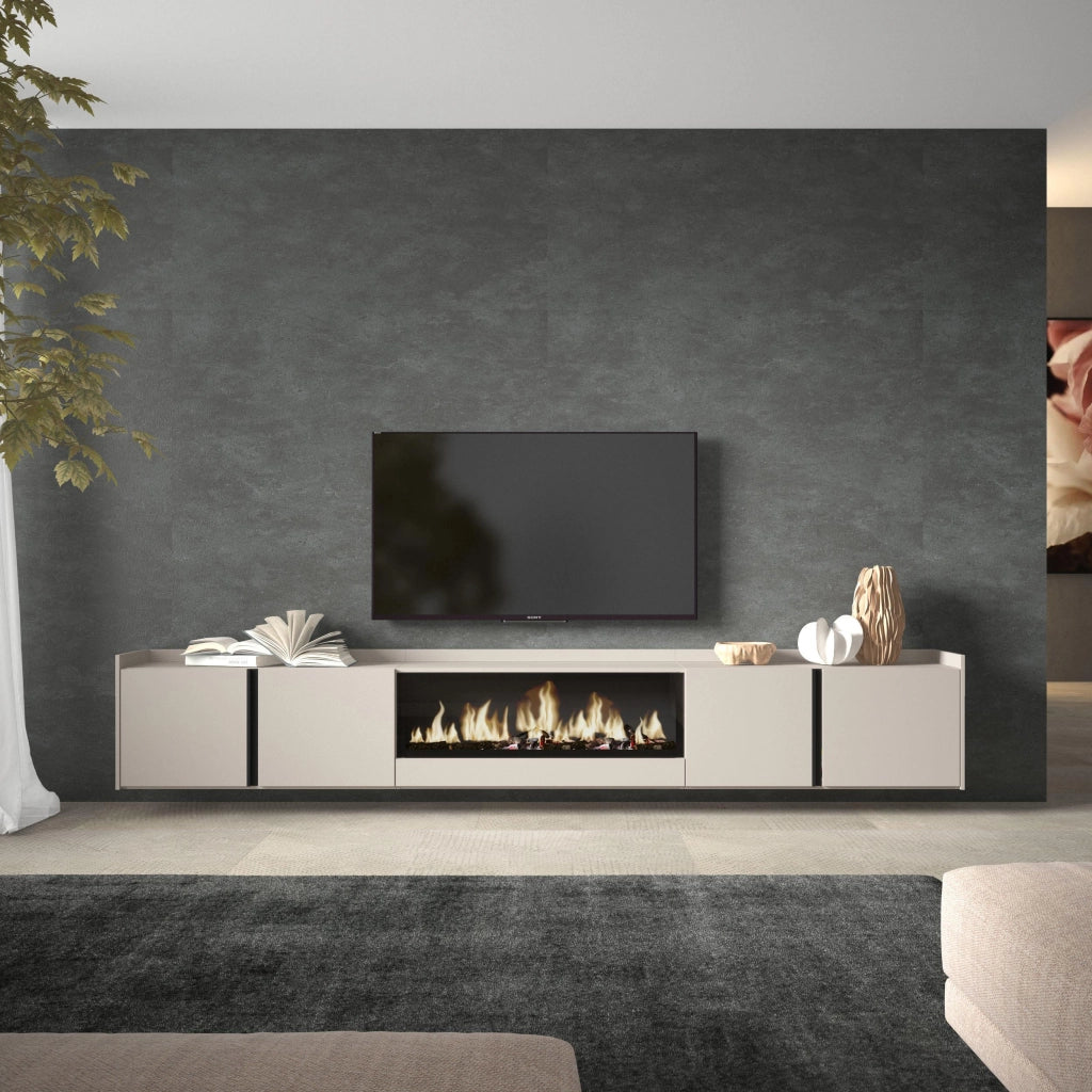 Mobile TV Soggiorno, 315x50x35 cm, Per TV fino a 80", Camino elettrico XXL, Sospeso, da appendere, Beige