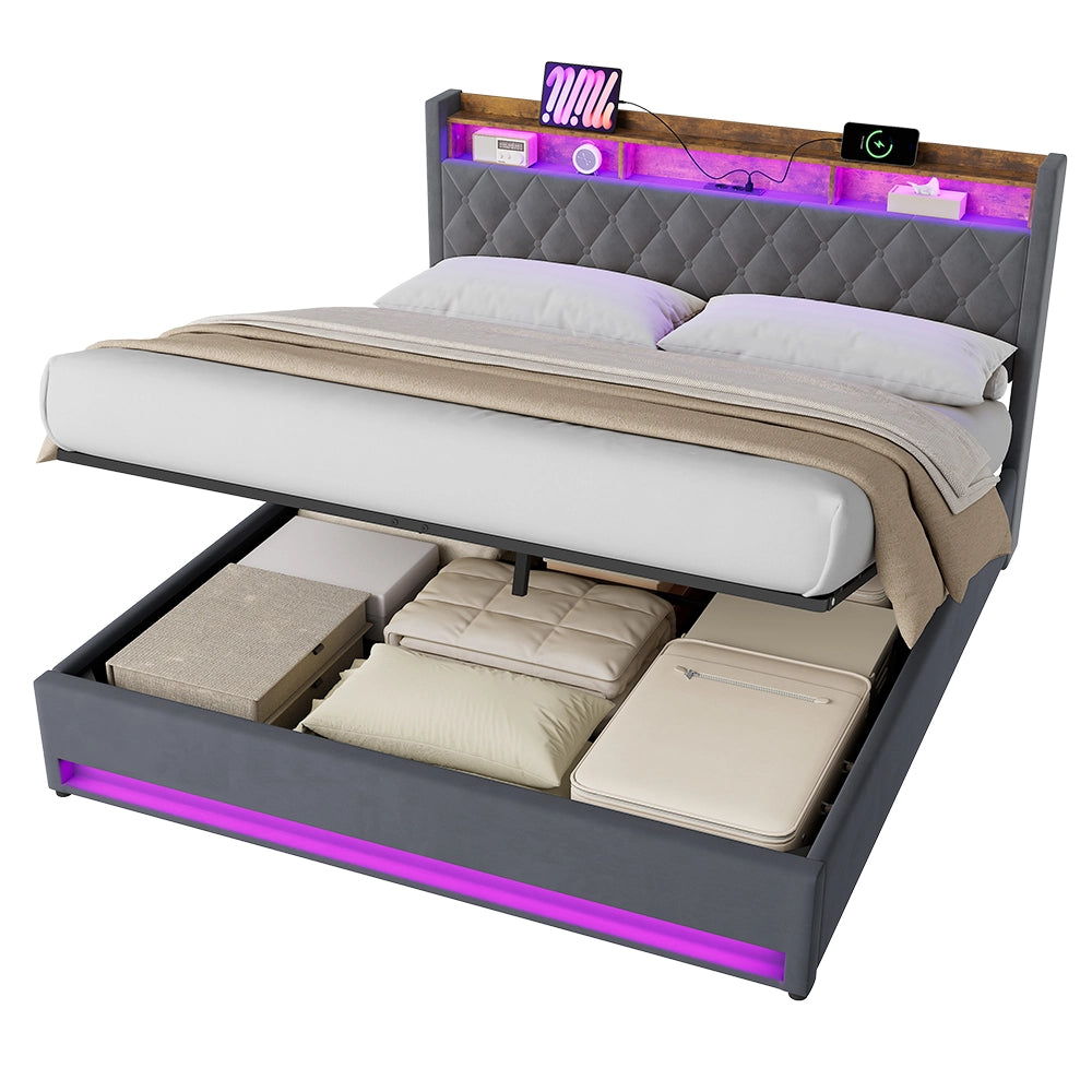 LETTO Imbottito 180 x 200 cm in Velluto Grigio con LED, USB e Contenitore