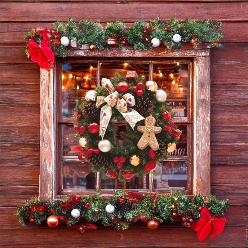 MAURY'S GHIRLANDA DI NATALE IN PVC VERDE CON FIOCCO DECORAZIONI VARIE E GINGERBREAD DIMENSIONI 40 CM