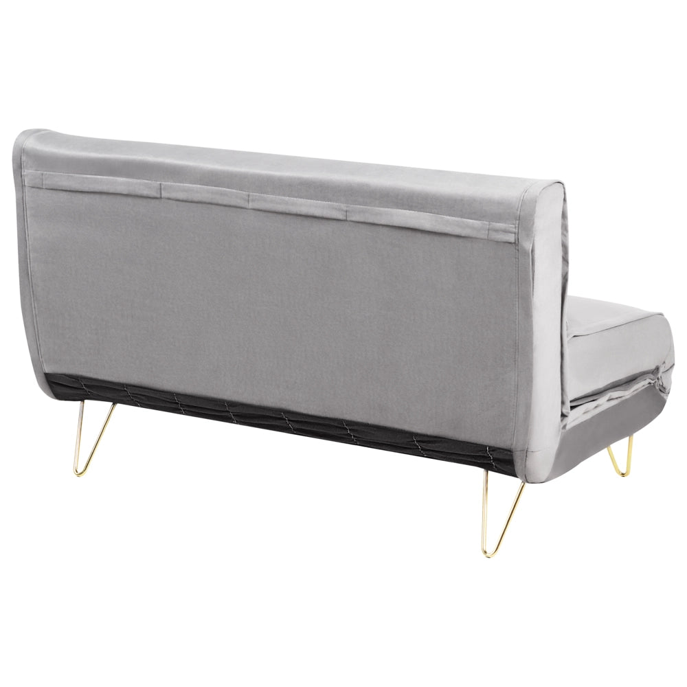 Divano Letto Velluto Grigio 2 Posti Letto Sfoderabile senza braccioli Con 2 Cuscini Gambe In Metallo dorato Glamour