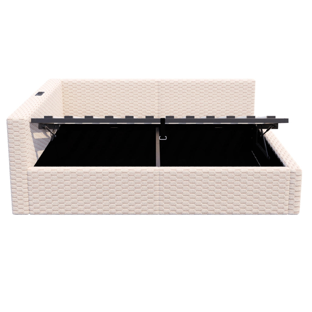 Letto imbottito multifunzione 140 x 200 cm con LED, porte USB e vano contenitore, beige