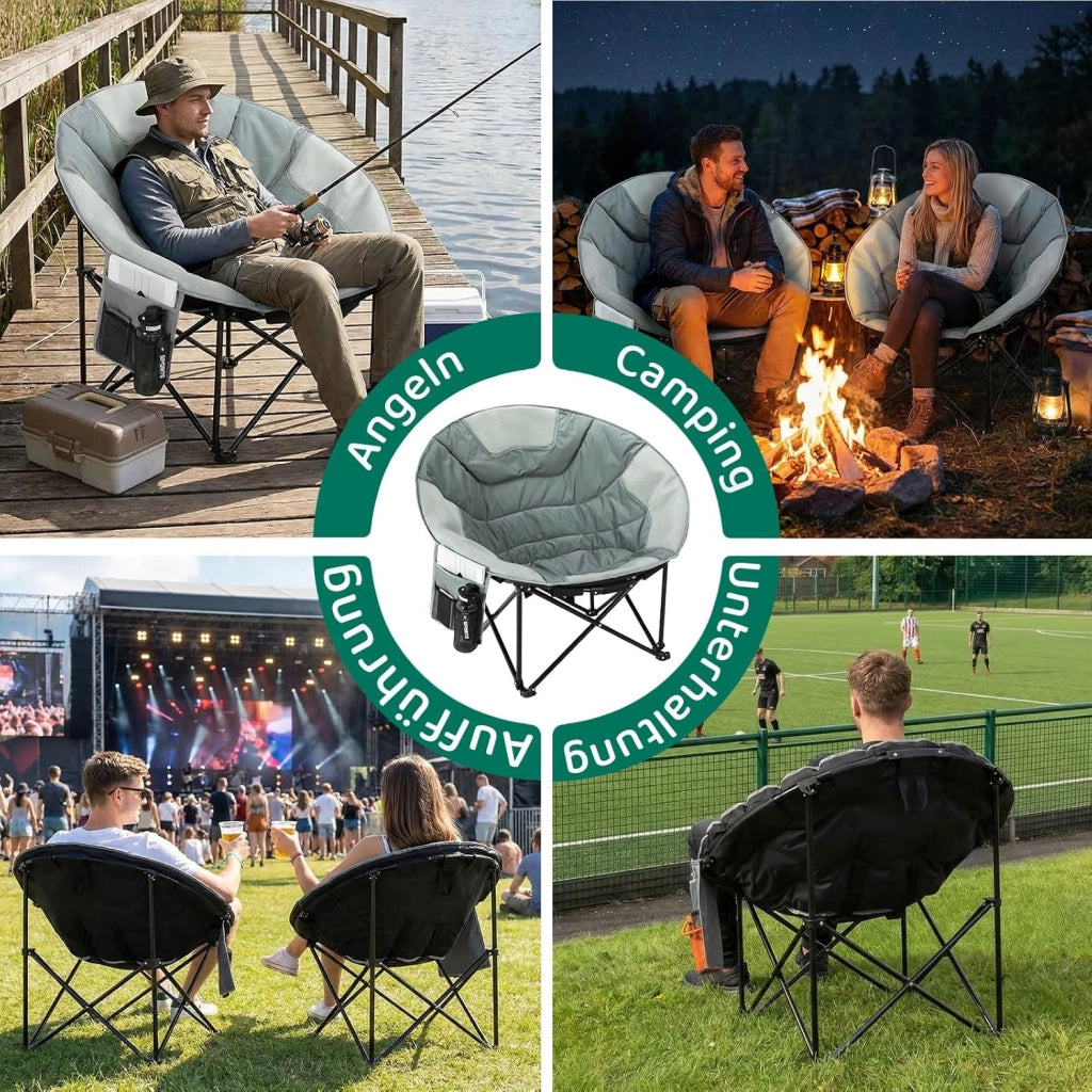 Sedia Pieghevole da Campeggio 150KG, Sedia da Campo Portatile, Moonchair XXL, con rete traspirante, Tasca Laterale, borsa per il trasporto, per Giardino, Spiaggia, Trekking, Pesca, Grigio