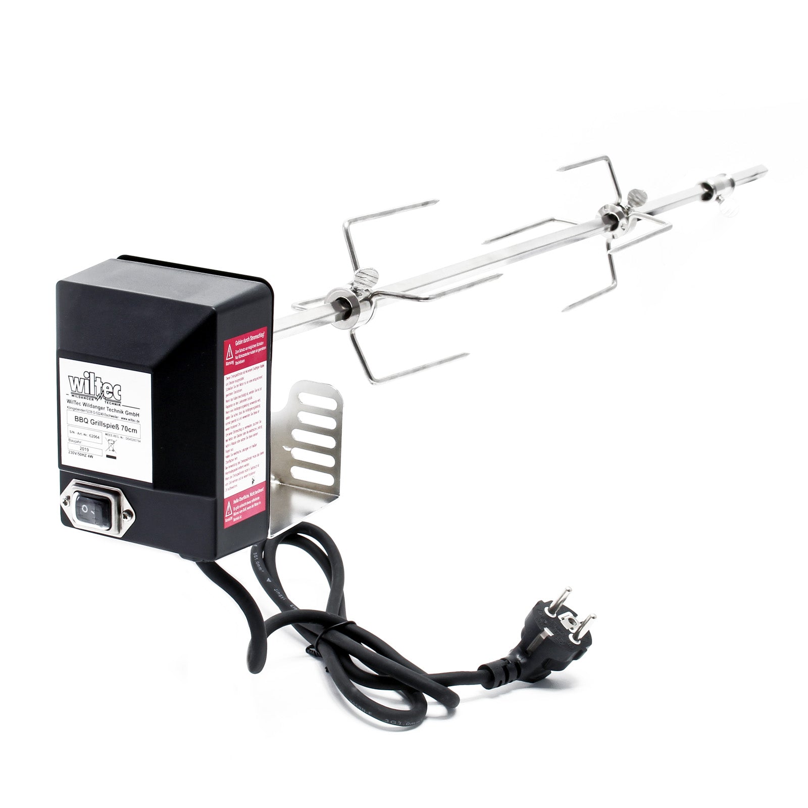 Girarrosto da barbecue 70 cm 230 V, Spiedo in acciaio inox con 2 forchettoni carne