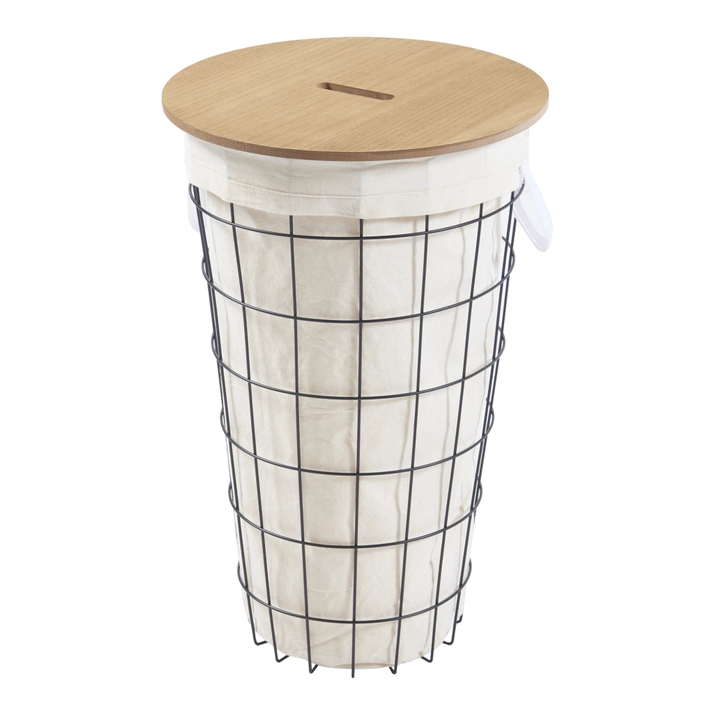 Cesto per Bucato 'Skive' Portabiancheria in Metallo con Coperchio in MDF e Sacco in Tessuto - Capienza 40 L [en.casa]