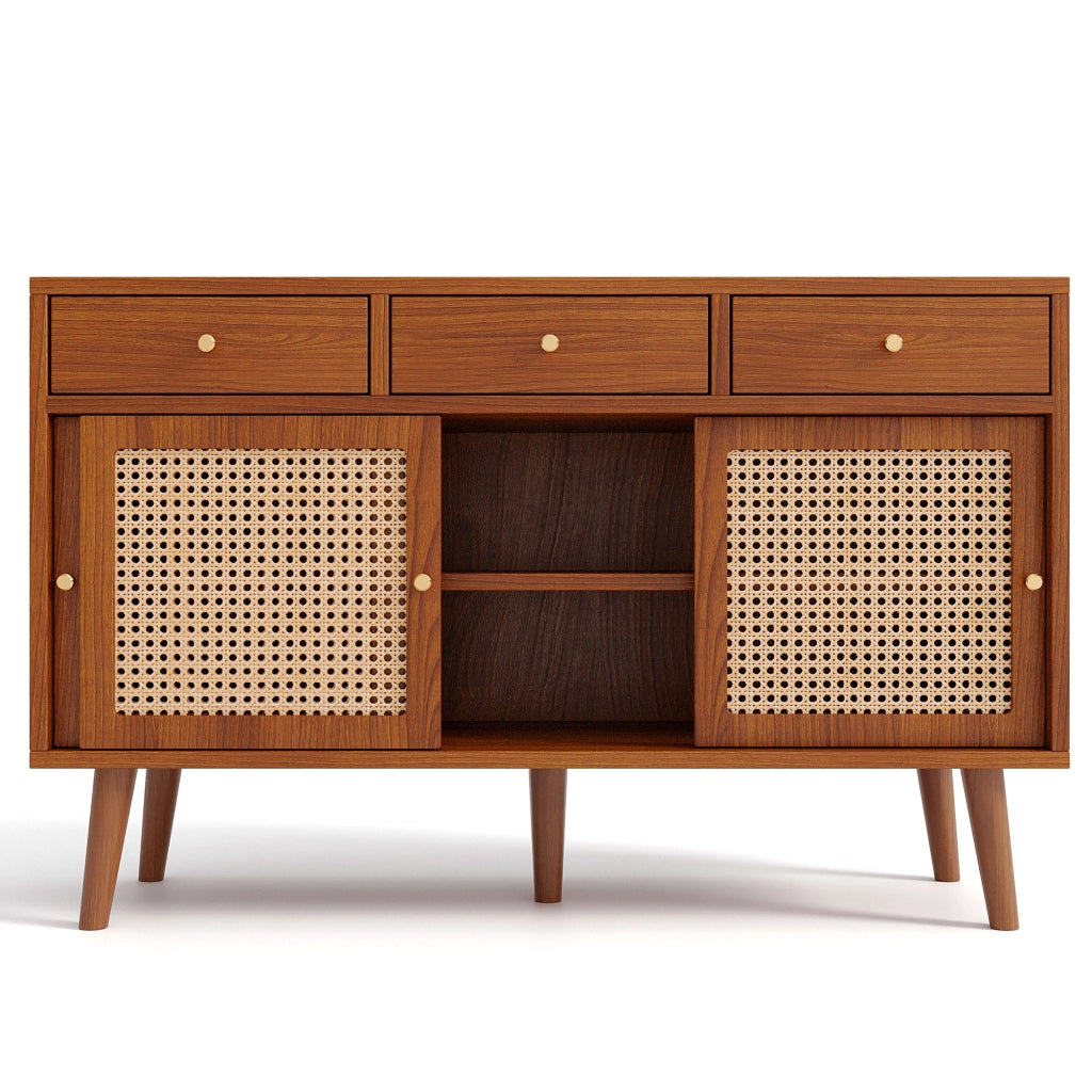 Credenza con 3 Cassetti e 3 Ante Scorrevoli; Frontali in Rattan; Ripiani Regolabili; in MDF; 120??40??78 cm; Noce