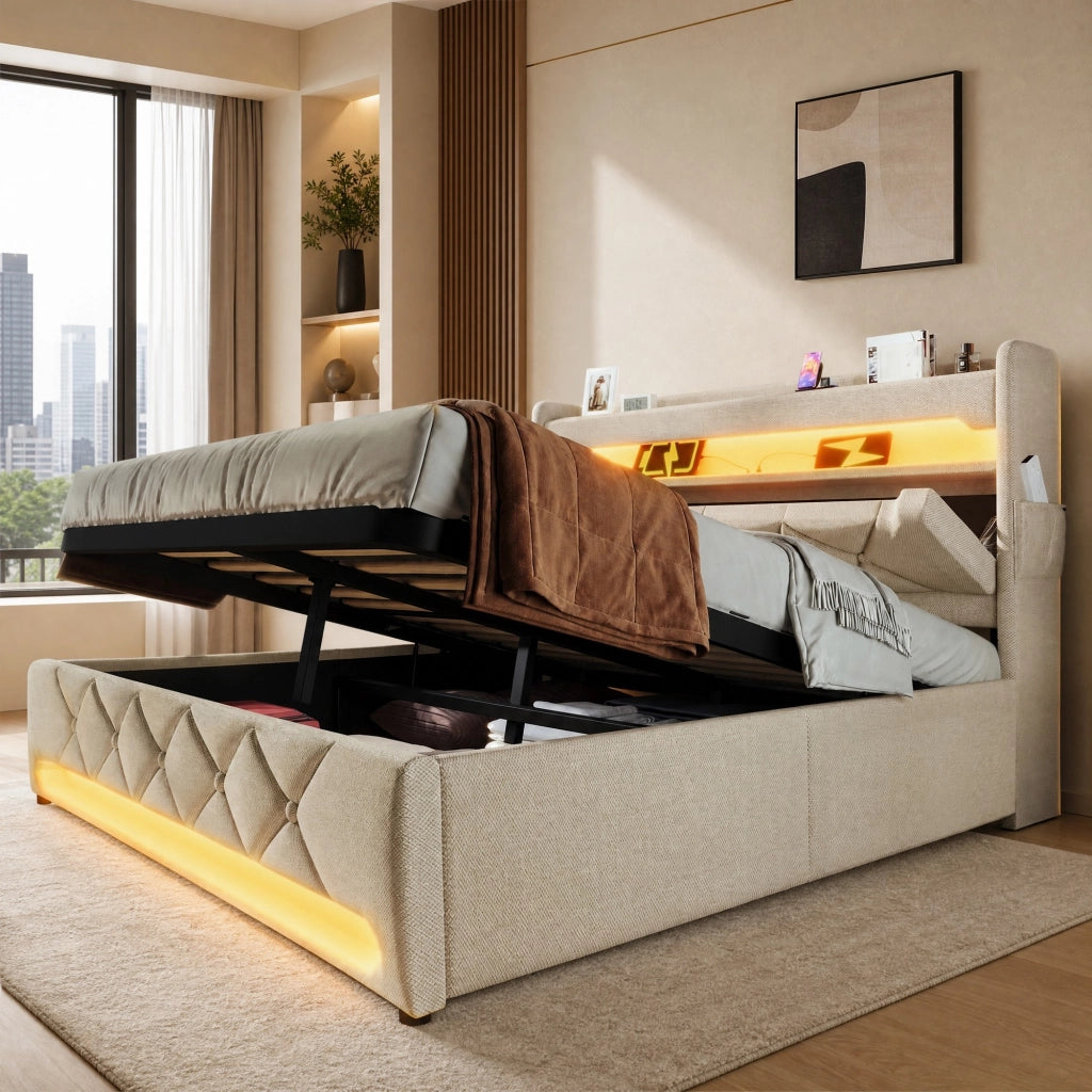 Letto matrimoniale 180x200 cm in lino beige con contenitore idraulico; LED e testiera con ricarica