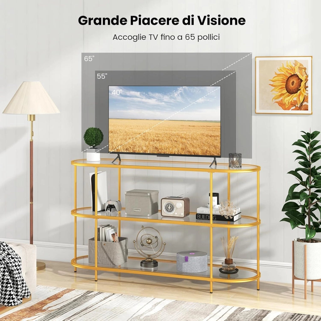 Mobile Porta TV fino a 65’’, Tavolo Consolle TV con 3 Ripiani in Vetro Temperato, Supporto TV con Struttura in Metallo, per Soggiorno, Camera da Letto