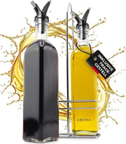 Set di dispenser per aceto e olio - (Andalucia) 500 ml 2 flaconi di olio con beccuccio doppio in vetro con contenitore in acciaio inossidabile senza perdite e senza gocce.