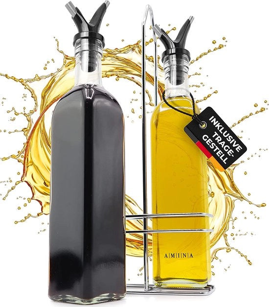 Set di dispenser per aceto e olio - (Andalucia) 500 ml 2 flaconi di olio con beccuccio doppio in vetro con contenitore in acciaio inossidabile senza perdite e senza gocce.