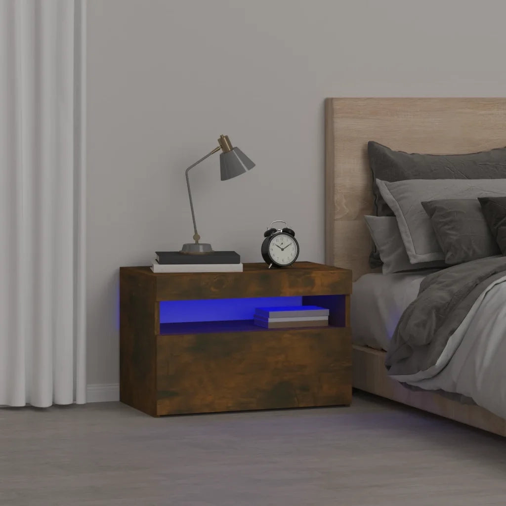 Comodino | Armadio da Notte | Mobiletto da notte con Luci LED Rovere Fumo 60x35x40 cm