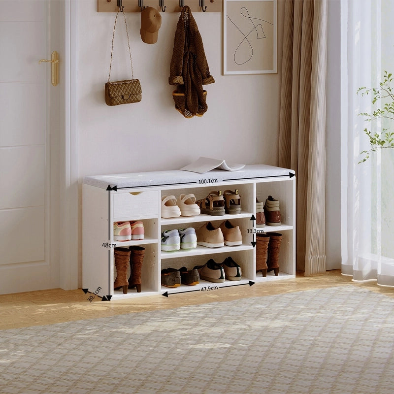 Scarpiera con seduta in stile loft, bianca, panca per ingresso, moderna