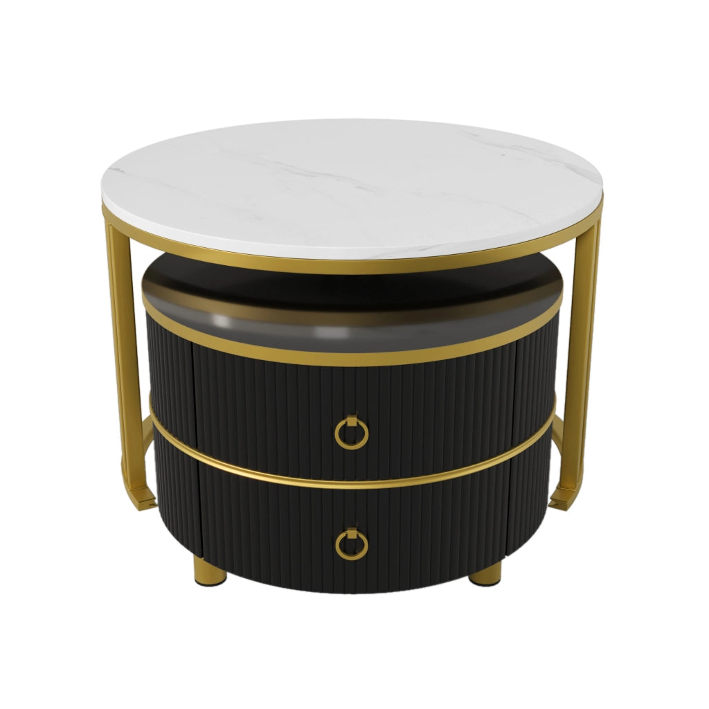 Tavolini da caffè rotondi 70x70x46 cm e 50x50x40 cm; piano lucido con effetto marmo; MDF nero