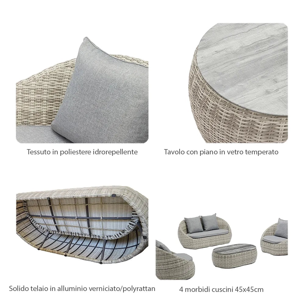 Tempo Style - Salottino Lounge in polyrattan SANTORINI grigio-mélange | Lounge da giardino con divano, tavolo, 2 poltrone e cuscini | Set di mobili da giardino da 4 persone
