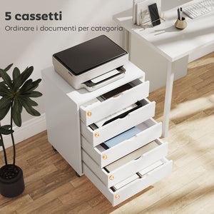 Cassettiera da Ufficio 50x40x67,5 cm con 5 Cassetti per Documenti A3 Ruote e Blocco Bianco