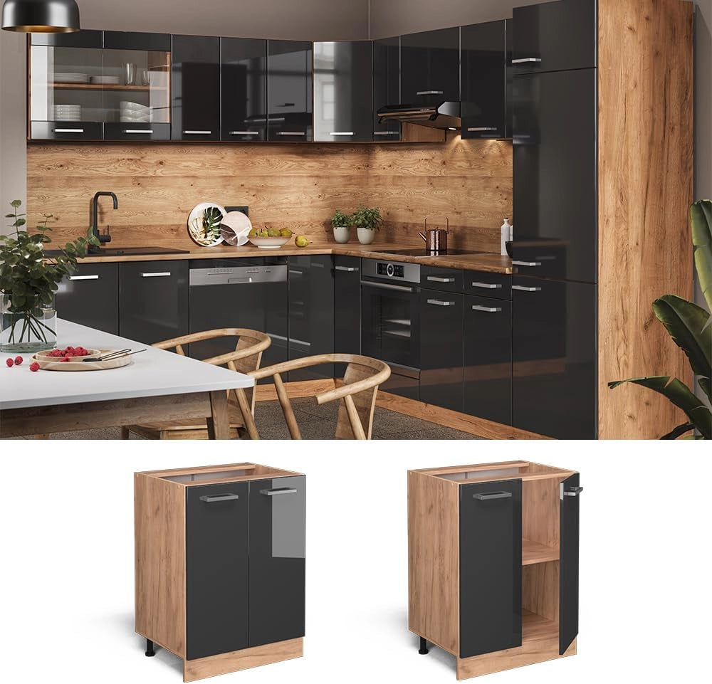 Mobiletto base cucina R-Line, Antracite lucido, 60 cm senza piano di lavoro, per la libera combinazione all'interno di sistemi cucina modulari