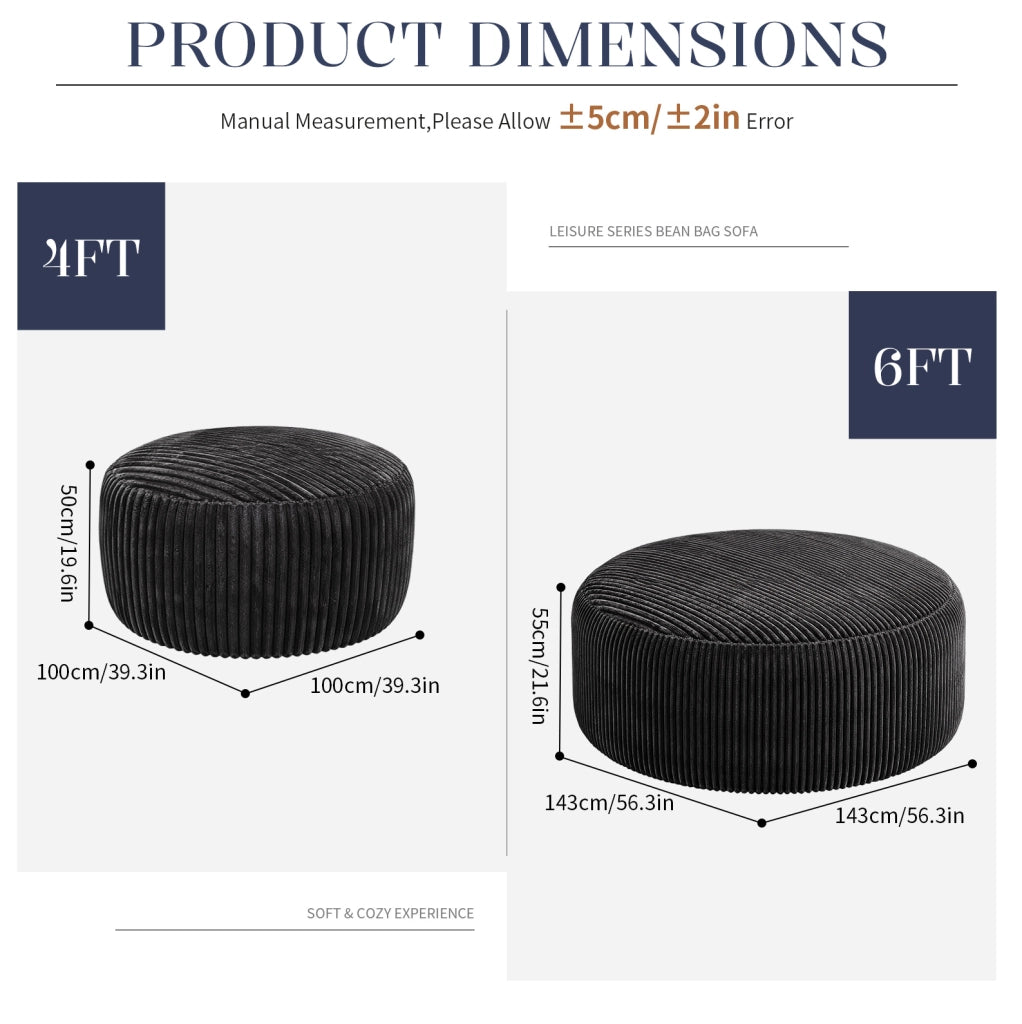 Poltrona sacco rotonda con imbottitura in memory foam; velluto a coste nero