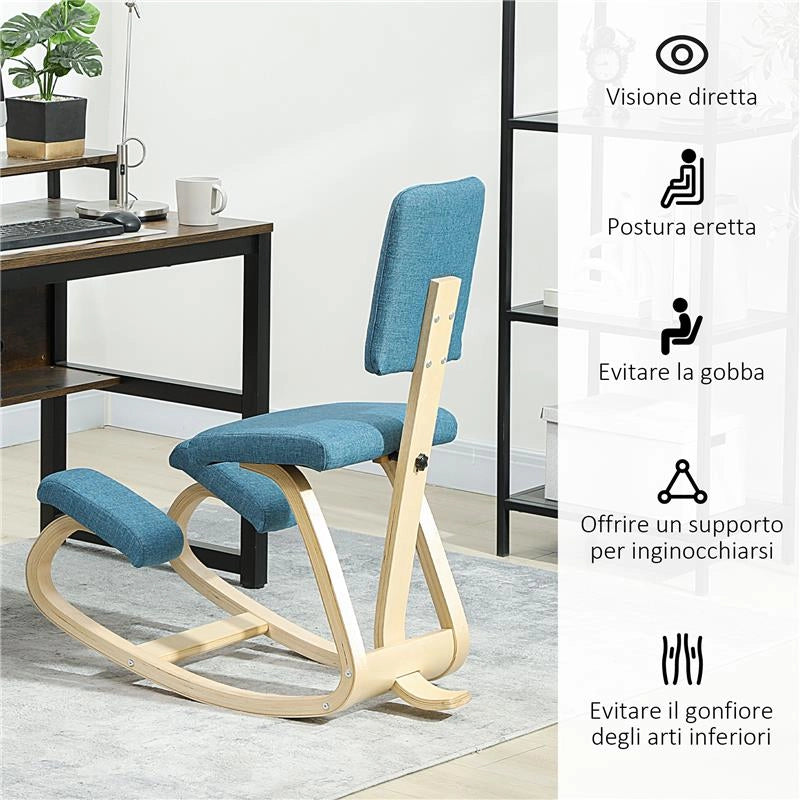 SEDIA INGINOCCHIATOIO DONDOLANTE IN TESSUTO EFFETTO LINO E LEGNO DI BETULLA, 51X84X93 CM, BLU SCURO