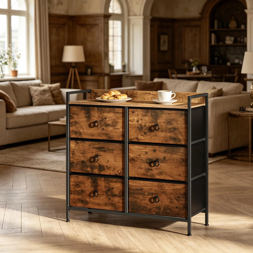 Cassettiera con 6 cassetti in tessuto, struttura in metallo e legno E1, 80x29x78 cm