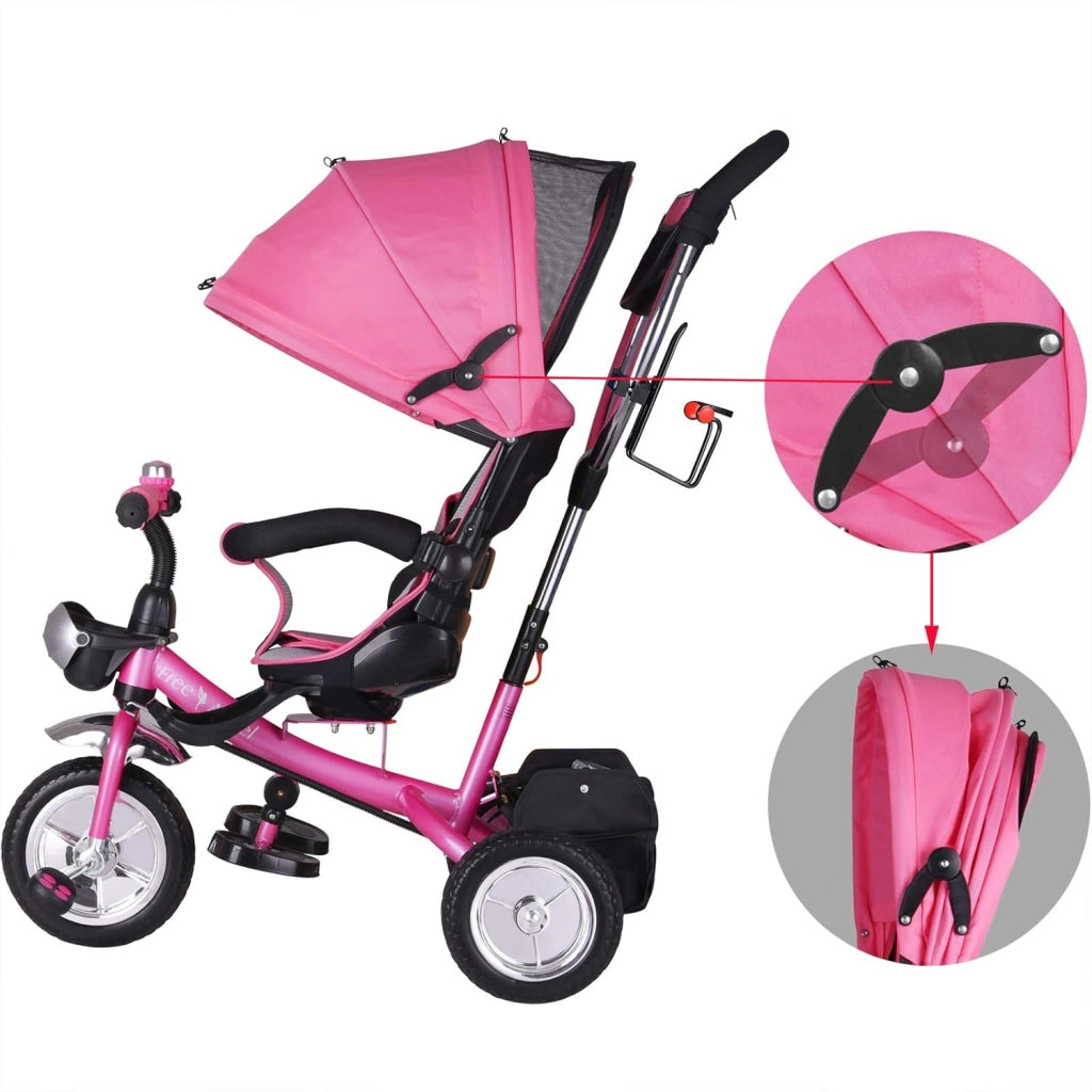 Triciclo 4in1 per Bambini da 1 Anno Passeggino con Maniglione Biciletta Bimbi Neonato Cappottina Cintura Bici a Tre Ruote Copertura Pioggia