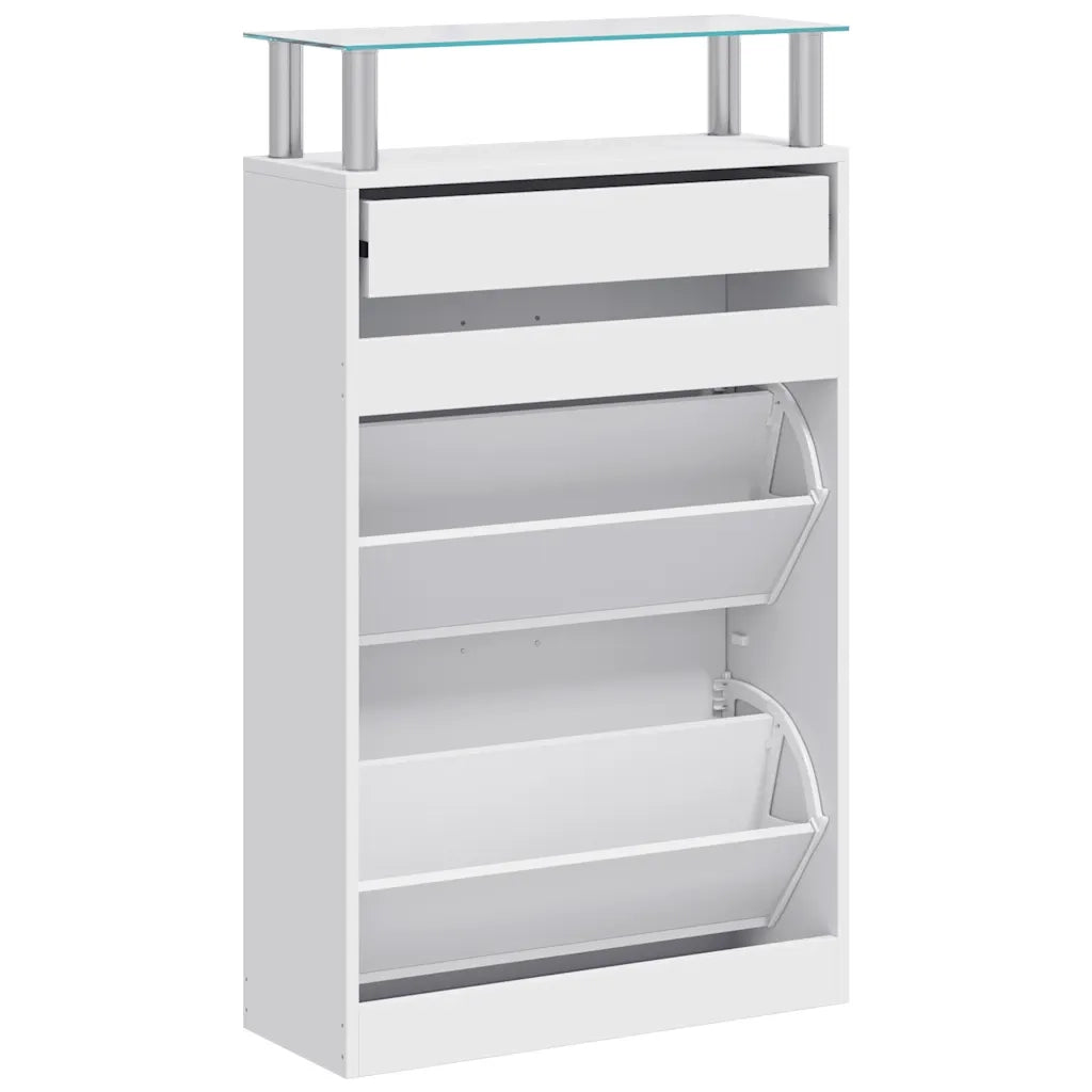 Scarpiera con Cassetto e Mensola Vetro Sopra in Legno Bianco 241244