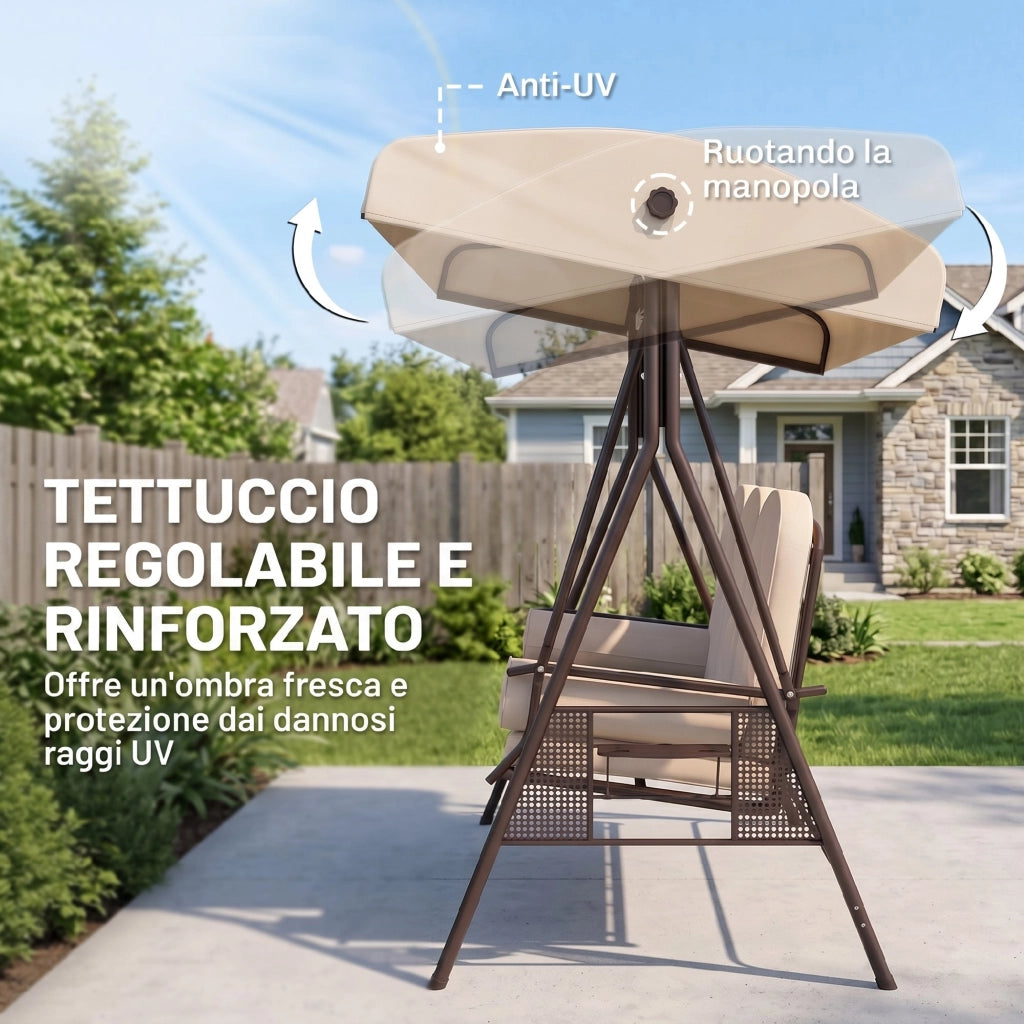 Dondolo 3 Posti per Esterno con Cuscini e Portabicchieri ¨C zephmum ¨C Beige, Metallo e Poliestere, 208x121x172 cm
