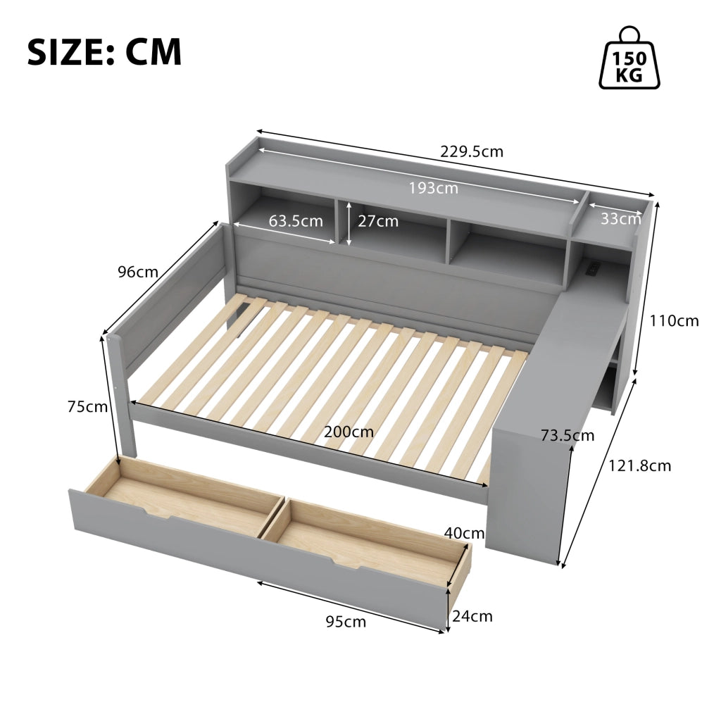 LETTO 90x200 cm con scrivania 2 cassetti USB e presa Grigio
