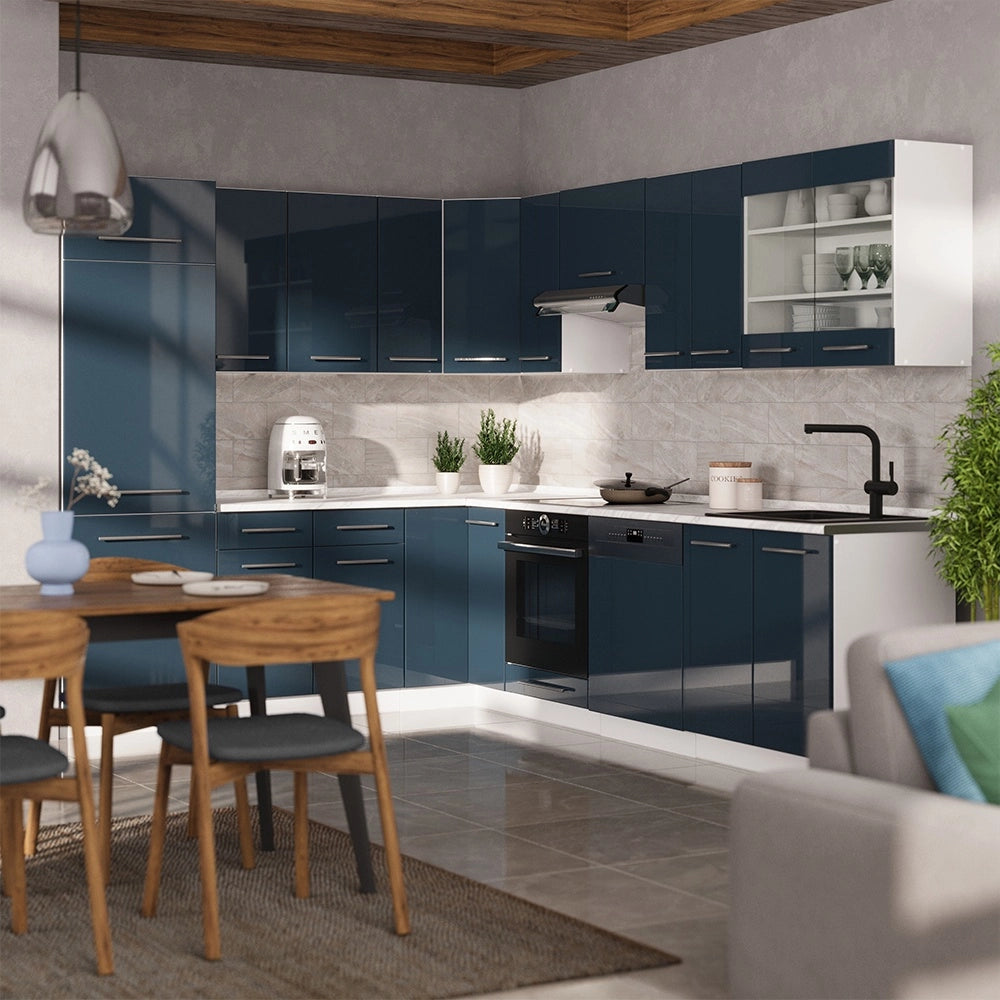 Cucina angolare completa Fame-Line Blu scuro lucido/Bianco 287 x 227 cm, PL Rovere Vicco
