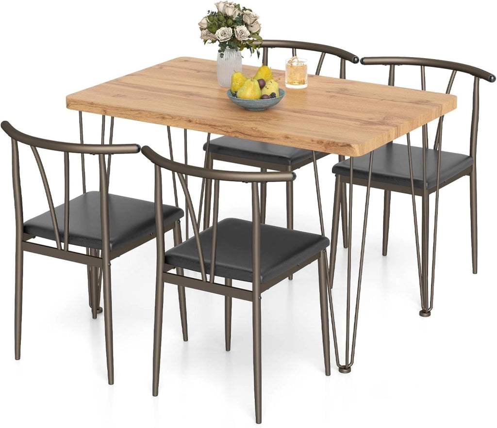 Set da Tavolo e Sedie da Pranzo, Tavolo da Cucina Industriale con 4 Sedie Senza Braccioli con Seduta Imbottita, Schienale a Raggiera, Set 5 Pezzi Mobili Salvaspazio per Sala da Pranzo