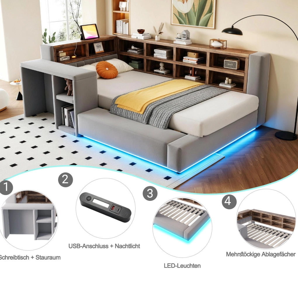 LETTO imbottito 90x200 cm grigio scuro con vani, LED e prese