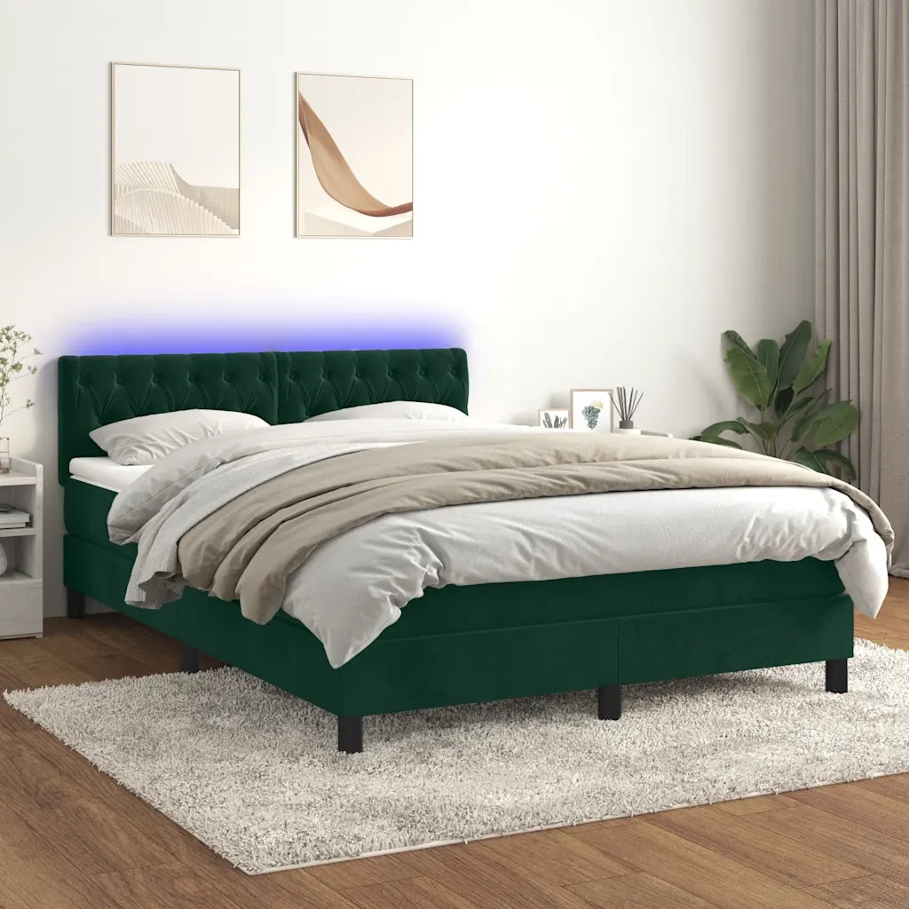 Letto a Molle con Materasso e LED Verde Scuro 140x190cm Velluto 3134582