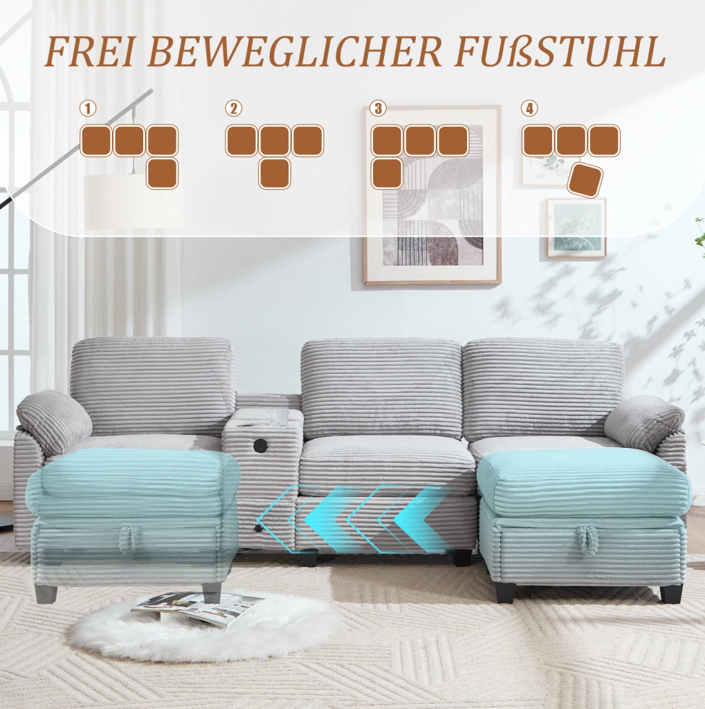 Divano grande in velluto a coste con console scorrevole; USB-C e pouf contenitore; grigio chiaro
