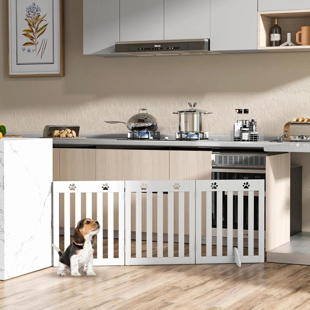 Cancelletto per Cani Pieghevoli 150 x 60 cm, Barriera per Cani in Legno a 3 Pannelli con Piedini Stabili, Recinzione per Scale, Ingressi e Corridoi (Bianco)