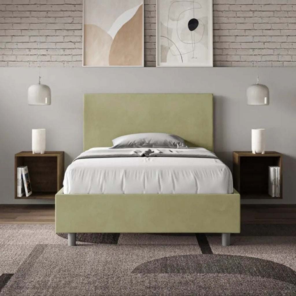 Letto una piazza e mezza con rete imbottito 120x190 microfibra tè verde Adele