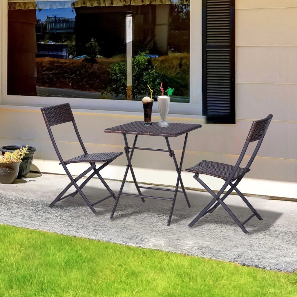 EasyComfort Set da Giardino Pieghevole da 3 Pezzi in Rattan PE e Metallo, Set 2 Sedie e Tavolino da Caffè, Protezione dai Raggi UV, Set di Mobili da Balcone, per Patio e Cortile, Marrone