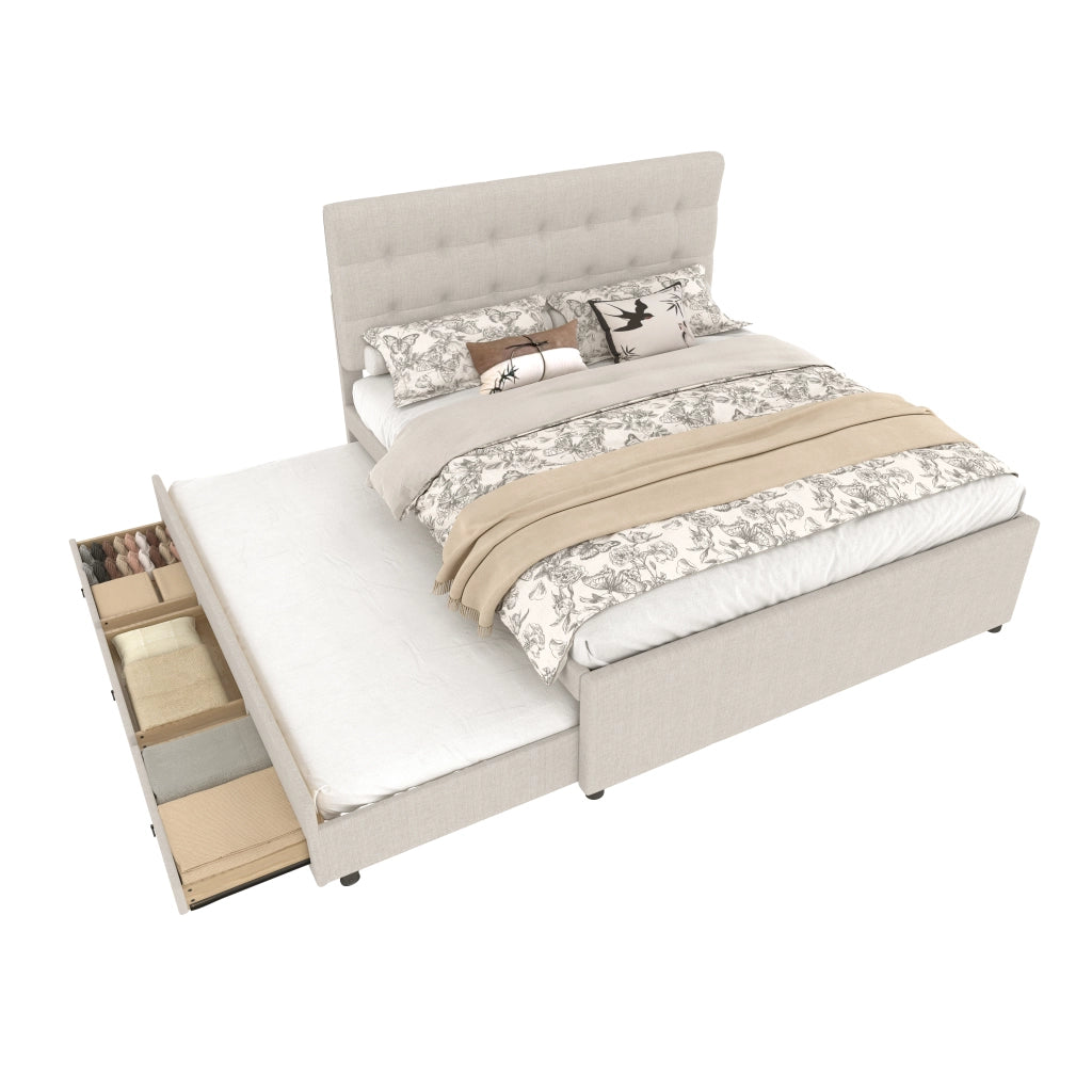 OKWISH Letto con Cassetti 140×200 cm, Letto Matrimoniale con 3 Cassetti, Letto Estraibile e Testiera Regolabile, senza Materasso, Beige