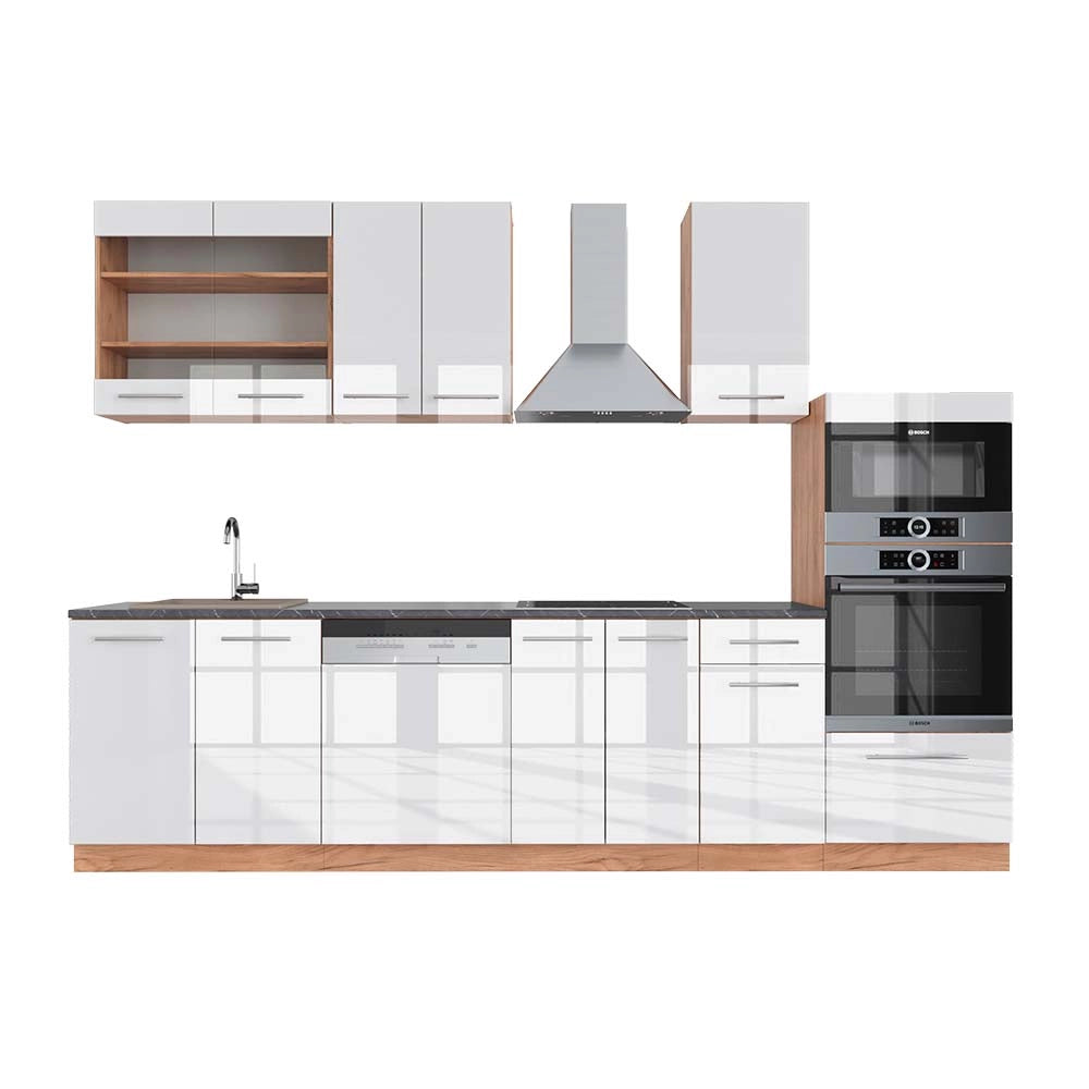 Cucina componibile Fame-Line Bianco lucido/Rovere dorato 300 cm con armadio alto, PL Antracite Vicco