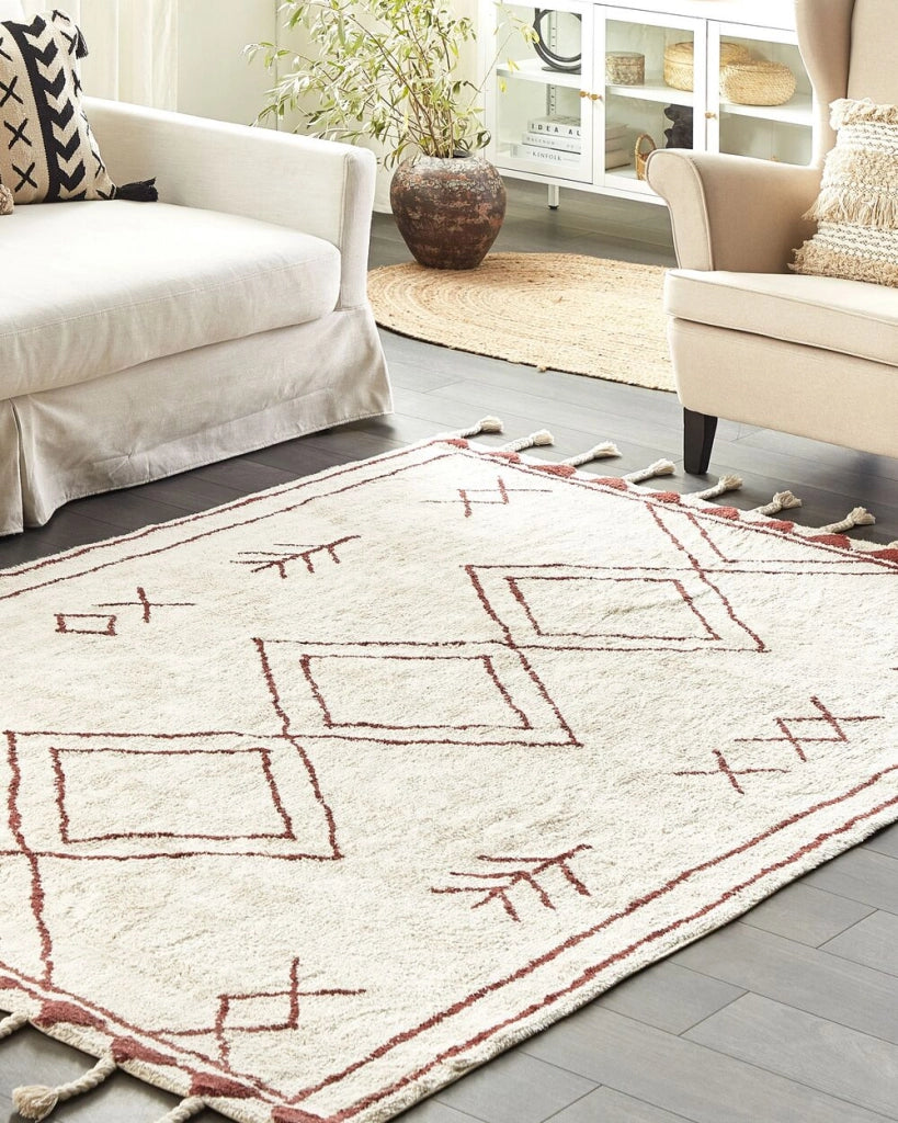 Tappeto cotone bianco sporco e rosso scuro 160 x 230 cm moderno orientale tribale nappe motivo geometrico