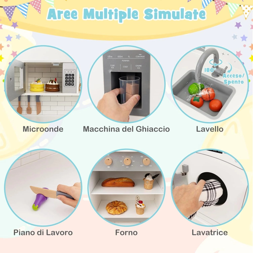 Set Gioco da Cucina per Bambini d'Angolo, Cucina Giocattolo in Legno con Macchina di Ghiaccio, Microonde, Lavatrice e Accessori, con Suoni e Luci, per Bambini 3-10 Anni (Bianco)