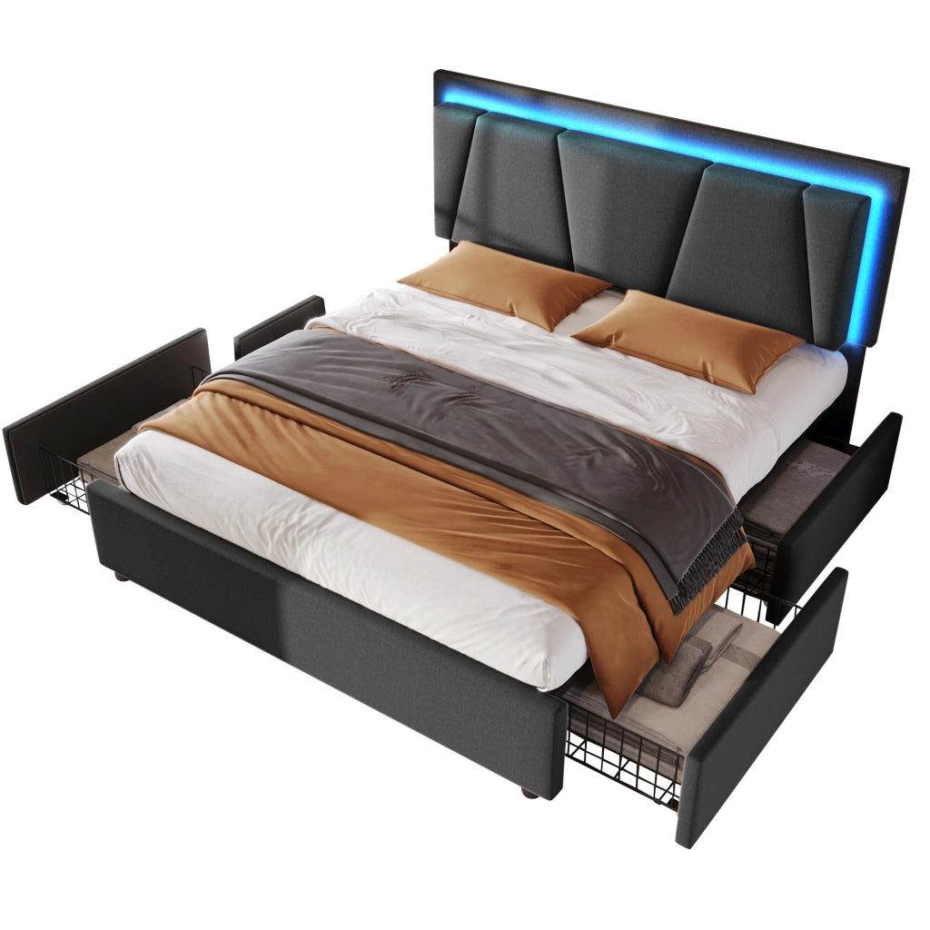 Letto 160x200 cm con testiera regolabile; LED e 4 cassetti in legno grigio