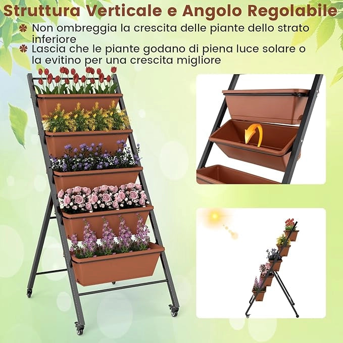 Letto da Giardino a 5 Livelli con 5 Contenitori per Piante, Drenaggio dell'Acqua e Ruote, Fioriere Rialzate in Metallo e PP per Verdure, Fiori ed Erbe, da Patio, Terrazzo e Balcone