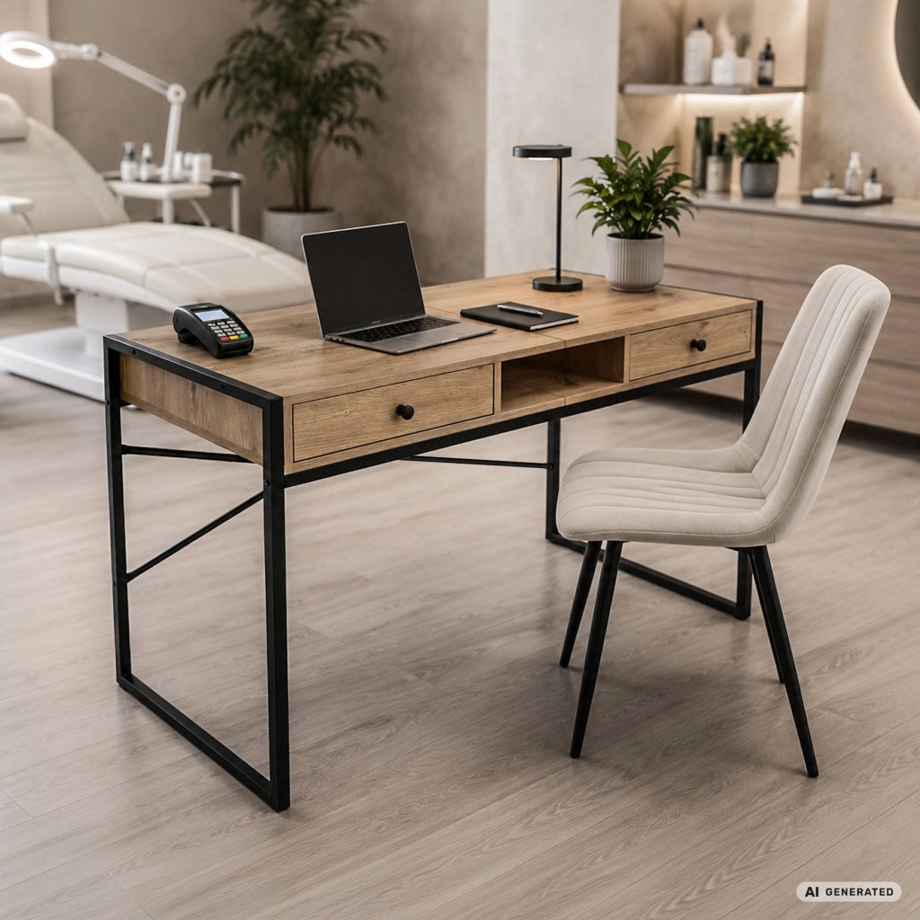 Scrivania industriale per computer Rovere Artisan ELONIS 123 cm 2 cassetti 1 ripiano gambe nere