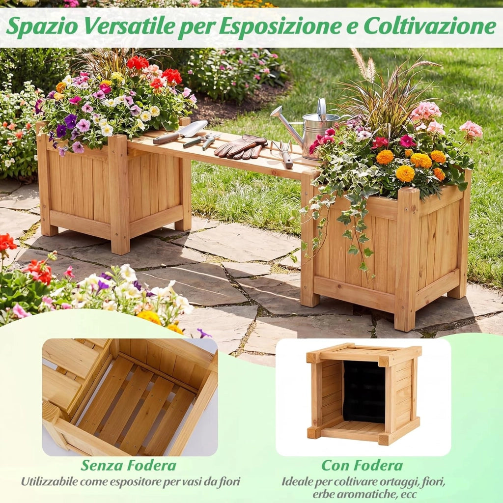 Fioriere da Esterno con Panchina, Letto Rialzato da Giardino in Legno Massello con e Base Aperta, Fioriere Elevate per Patio, Cortile e Veranda (Naturale, 105 x 26,5 x 29,5 cm)