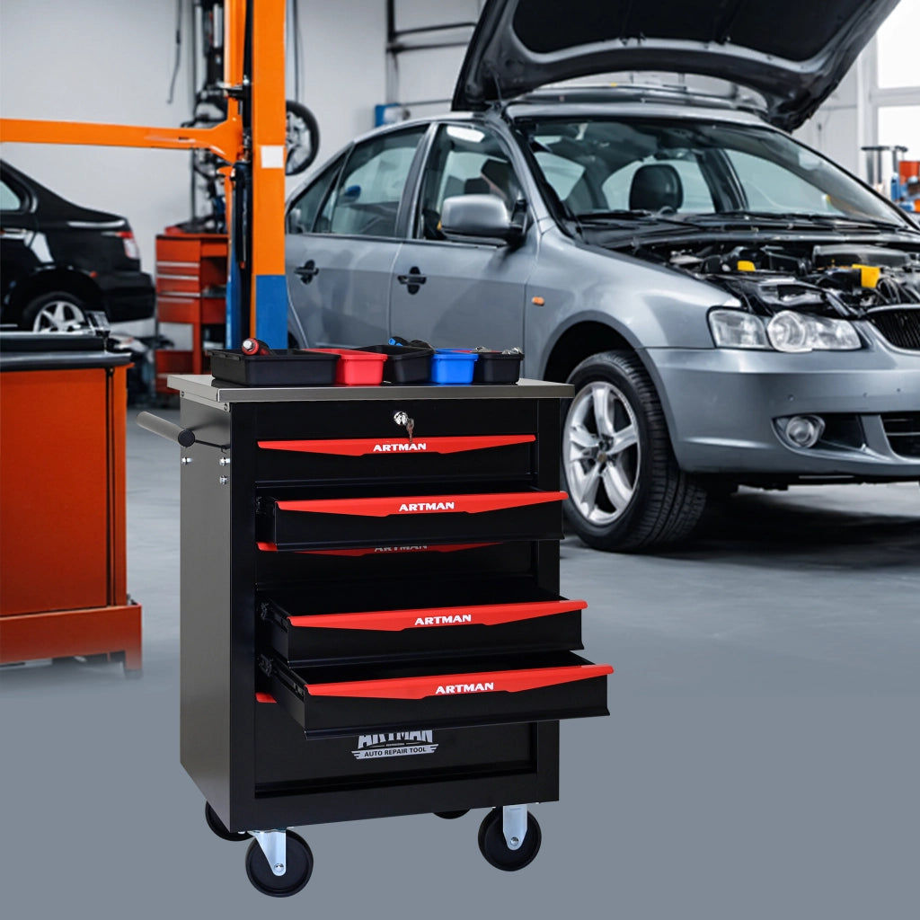 Mobile contenitore con 6 cassetti, ruote bloccabili e serratura, per garage e officina, in acciaio nero e rosso